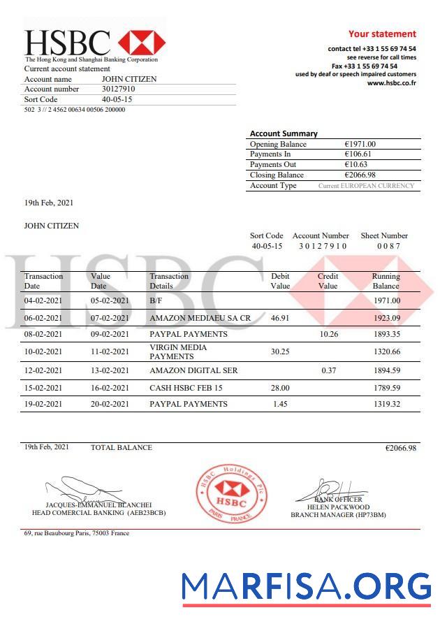 Realistic France HSBC bank statement word sample